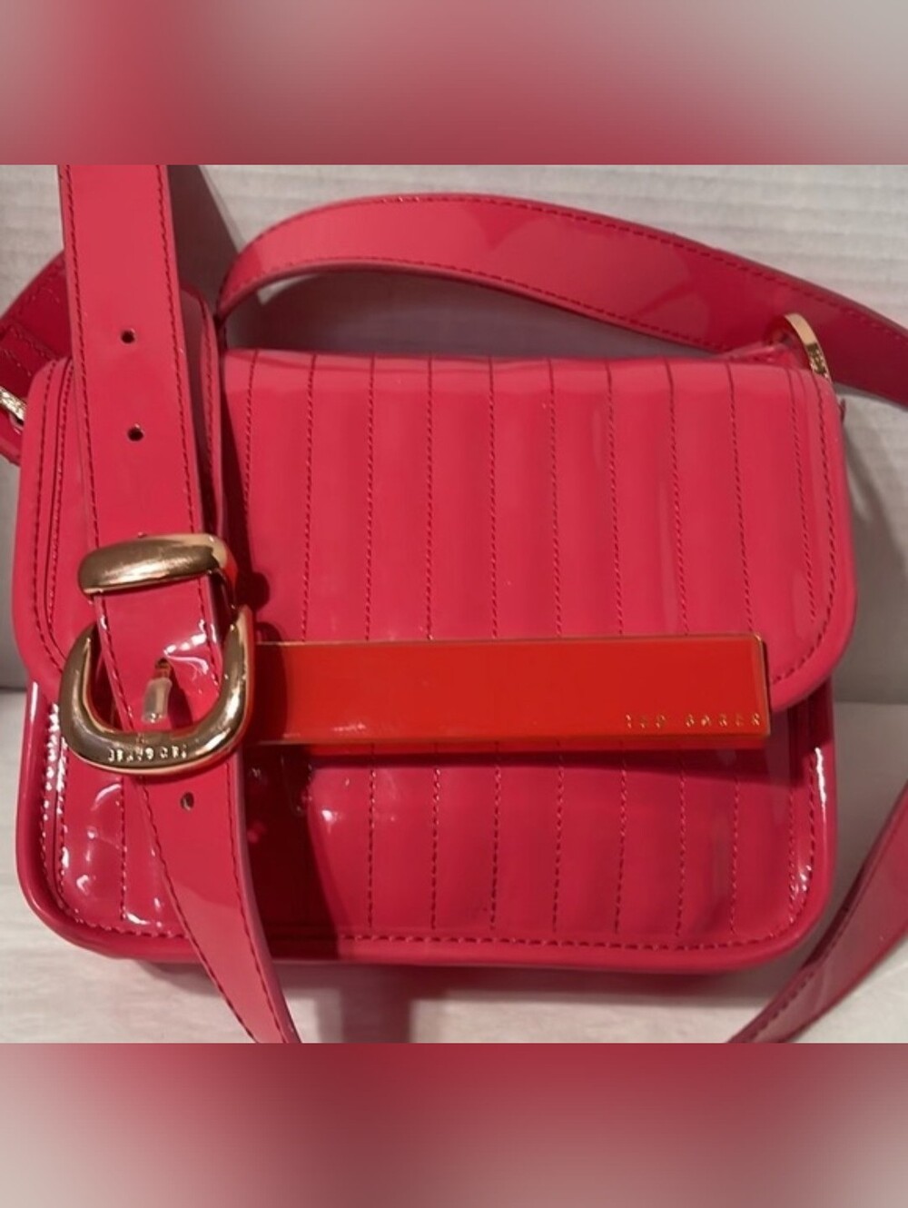 Ted Baker Pink Patent Leather Quilted Crossbody with Gold Hardware